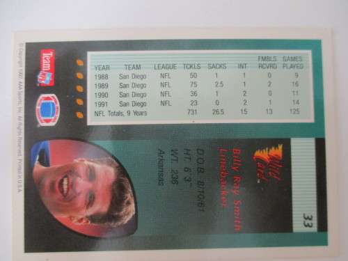 AUTOGRAPHED / SIGNED -  BILLY RAY SMITH -  CHARGERS AMERICAN FOOT BALL CARD