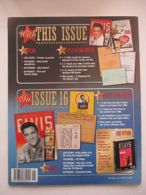MINI ELVIS POSTER AND 3 COLLECTOR REPLICA ITEMS FROM ELVIS AND MAGAZINE
