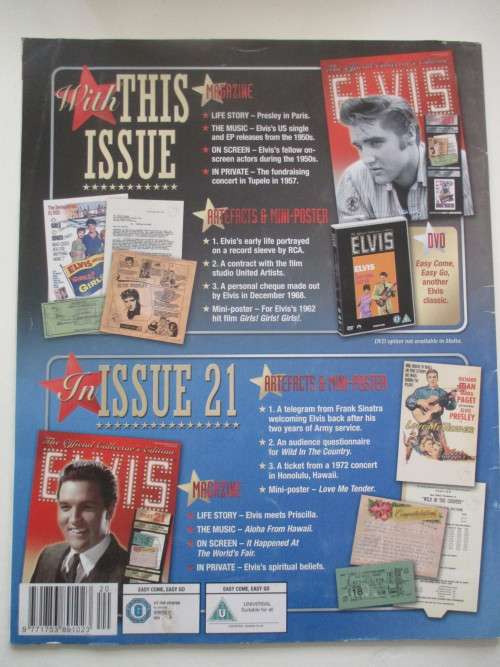 MINI ELVIS POSTER AND 3 COLLECTOR REPLICA ITEMS FROM ELVIS AND MAGAZINE