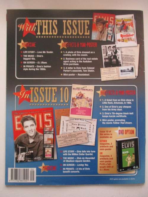 MINI ELVIS POSTER AND 3 COLLECTOR REPLICA ITEMS FROM ELVIS AND MAGAZINE