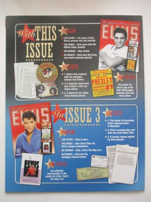 MINI ELVIS POSTER AND 3 COLLECTOR REPLICA ITEMS FROM ELVIS AND MAGAZINE