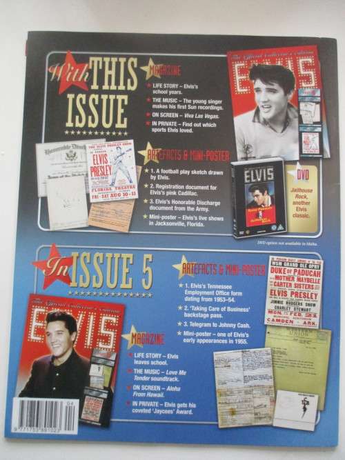 MINI ELVIS POSTER AND 3 COLLECTOR REPLICA ITEMS FROM ELVIS AND MAGAZINE