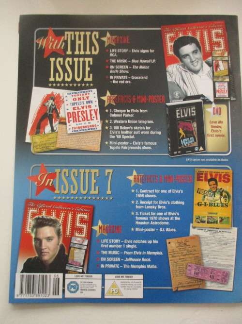 MINI ELVIS POSTER AND 3 COLLECTOR REPLICA ITEMS FROM ELVIS AND MAGAZINE