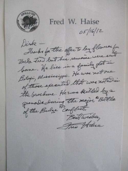 HANDWRITTEN LETTER - ASTRONAUT  FRED W. HAISE  - APOLLO 13  - 2012