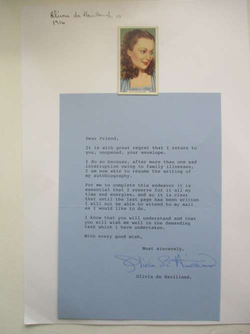 OLIVIA DE HAVILLAND SIGNED LETTER AND CIGARETTE CARD