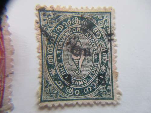 INDIA TRAVANCORE CONCH SELL OVER PRINTS PRE 1947 USED PREVIOUSLY MOUNTED