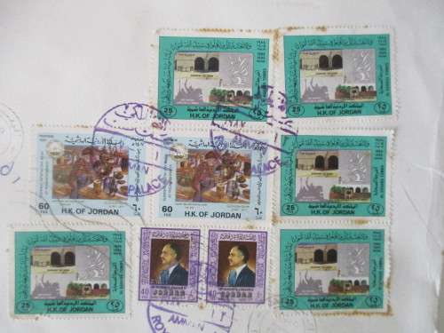 JORDAN - LOT OF MOUNTED STAMPS ON ENVELOPE AND STRIP OF PAPER
