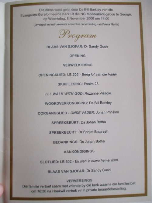 BURIAL PROGRAMME OF FORMER PRESIDENT PW BOTHA  2006