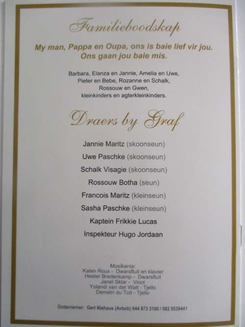 BURIAL PROGRAMME OF FORMER PRESIDENT PW BOTHA  2006