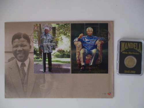 MANDELA LOT - FIRST DAY COVER - 90TH BIRTHDAY  CAPSULATED COIN AND NEWSPAPER