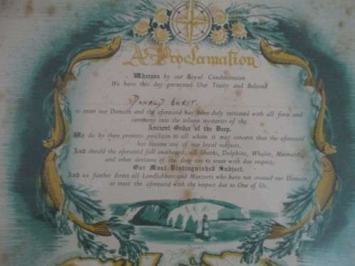 DOCUMENT OF THE PRETORIA CASTLE SHIP SIGNED BY ITS CAPTAIN ON THE CROSSING OF THE EQUATOR - 1954