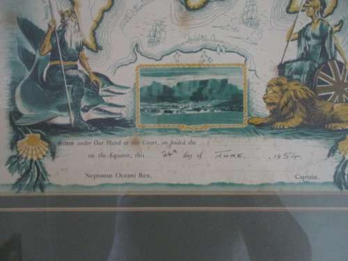 DOCUMENT OF THE PRETORIA CASTLE SHIP SIGNED BY ITS CAPTAIN ON THE CROSSING OF THE EQUATOR - 1954