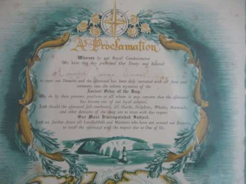 DOCUMENT OF THE CAPE TOWN CASTLE SHIP SIGNED AS IT CROSSED THE EQUATOR 1954