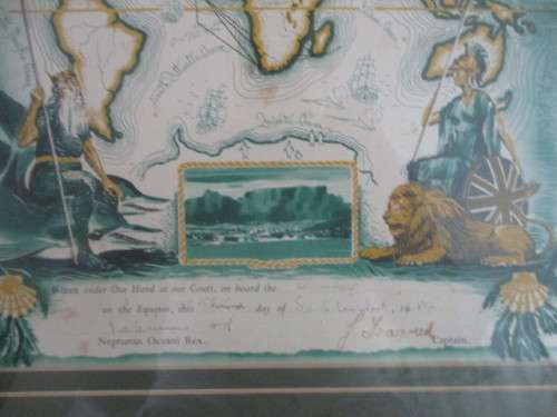 DOCUMENT OF THE CAPE TOWN CASTLE SHIP SIGNED AS IT CROSSED THE EQUATOR 1954