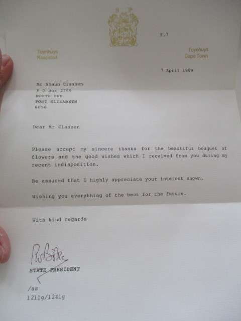 AUTOGRAPHED / SIGNED - LETTER FROM FORMER STATE PRESIDENT PW BOTHA - 1989 AND SIGNED ENVELOPE