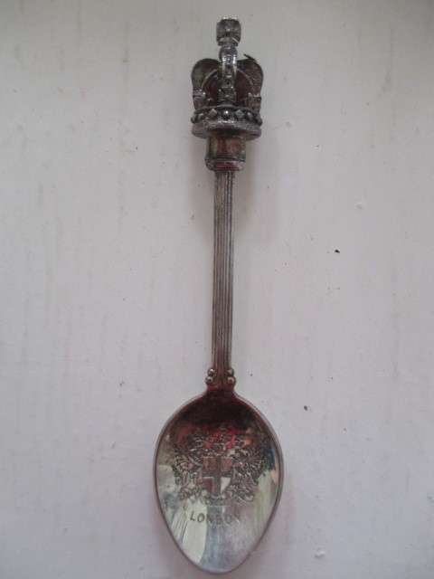 SILVER PLATED CORONATION TEASPOON WITH CROWN AND RED BEAD