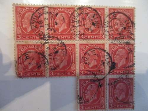 CANADA BLOCK OF 10 KING GEORGE V  3 CENTS STAMPS USED