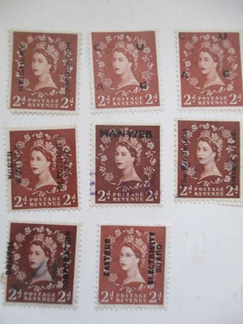 GREAT BRITAIN 2D DOMINATION QUEEN ELIZABETH PRINTED OVER  USED STAMPS  X 8