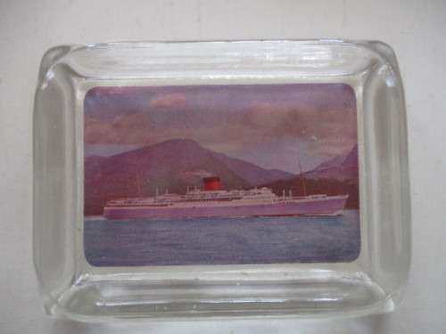 VINTAGE GLASS ASHTRAY   FROM THE QE2 AND SLK HANKEY FROM THE WINCHESTER CASTLE IN ORIGINAL BOX