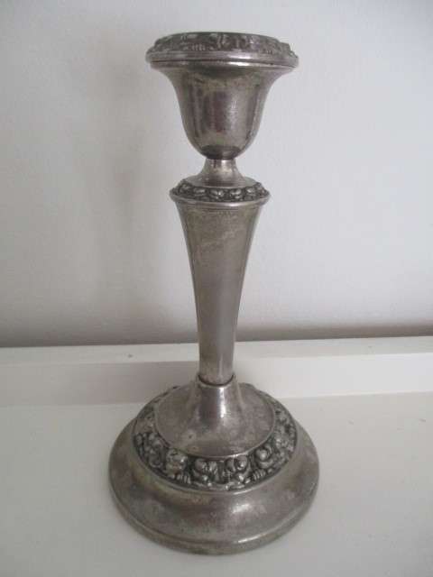 VINTAGE TO ANTIQUE  CANDLE STICK  NOT SURE IF SILVER OR PEWTER APP. 18cm TALL
