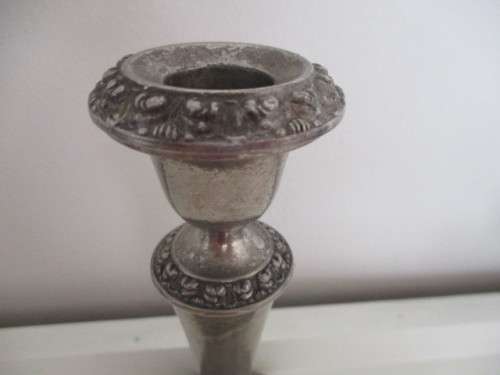 VINTAGE TO ANTIQUE  CANDLE STICK  NOT SURE IF SILVER OR PEWTER APP. 18cm TALL
