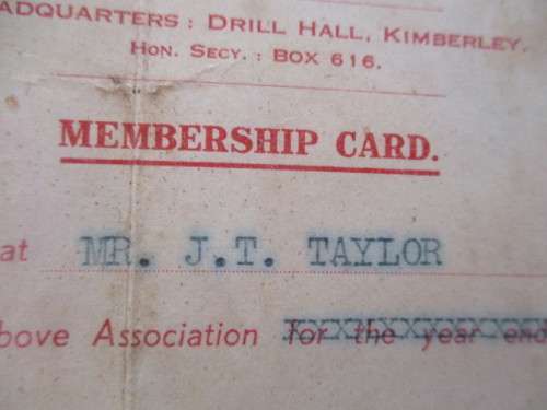 KIMBERLEY REGIMENT ASSOCIATION - 1872 MEMBERSHIP CARD AROUND TIME OF THE BOER WAR SIGNED