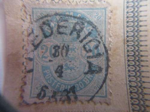 DENMARK 1884-1885 COAT OF ARMS - 20 ORE USED STAMP