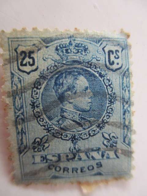 SPAIN BLUE 1919 ALFONSO XIII  25c USED STAMP