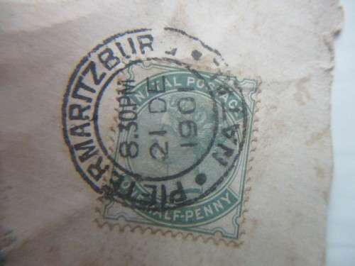 NATAL ONE-HALF PENNY QUEEN VICTORIA WITH COMPLETE STAMP PIETERMARITZBURG 1901