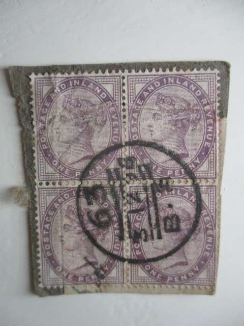 GREAT BRITAIN LILAC ONE PENNY BLOCK OF 4 USED STAMPS