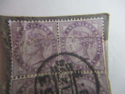GREAT BRITAIN LILAC ONE PENNY BLOCK OF 4 USED STAMPS