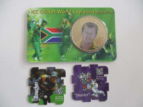 ICC CRICKET WORLD CUP 2003 MEDALLION  LANCE KLUSNER AND 2 CRICKET TAZOS