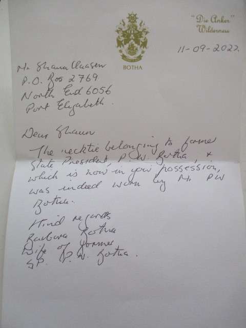 FORMER PRESIDENT P.W. BOTHA NECK TIE AND PIN AND LETTER