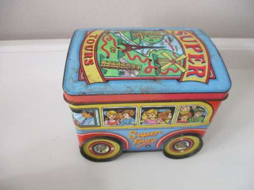 VINTAGE SUPER BUS TOURS TIN  WITH ROLLING WHEELS