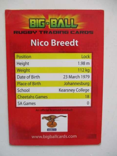 NICO BREEDT AND  LUCAS KABAMBA  FLOORS CHEETAHS RUGBY TRADING CARDS