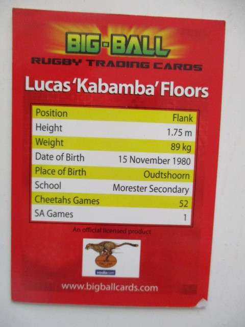 NICO BREEDT AND  LUCAS KABAMBA  FLOORS CHEETAHS RUGBY TRADING CARDS
