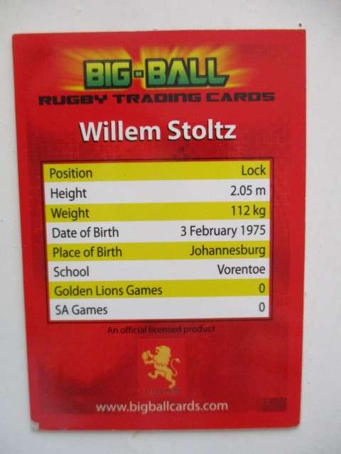 JOHAN JACKSON AND WILLEM STOLTZ RUGBY TRADING CARDS - CHEETAHS