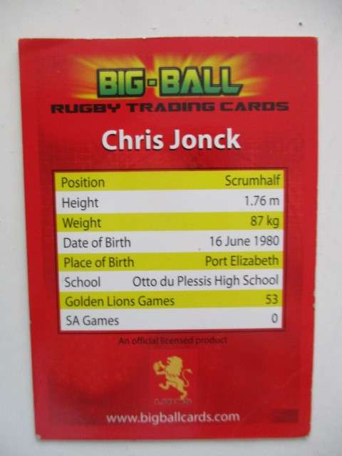 JOHAN SNYMAN AND CHRIS JONCK RUGBY TRADING CARDS - CHEETAHS