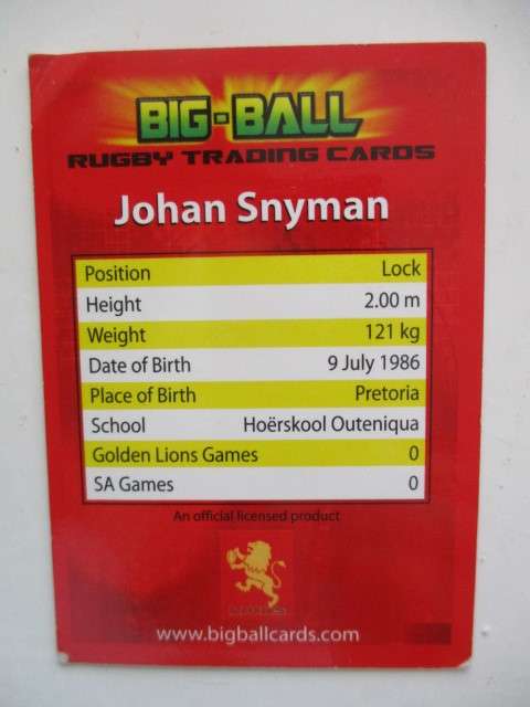 JOHAN SNYMAN AND CHRIS JONCK RUGBY TRADING CARDS - CHEETAHS