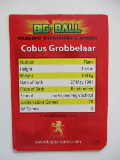 COBUS GROBBELAAR AND HANS VAN DYK -  RUGBY TRADING CARDS - CHEETAHS