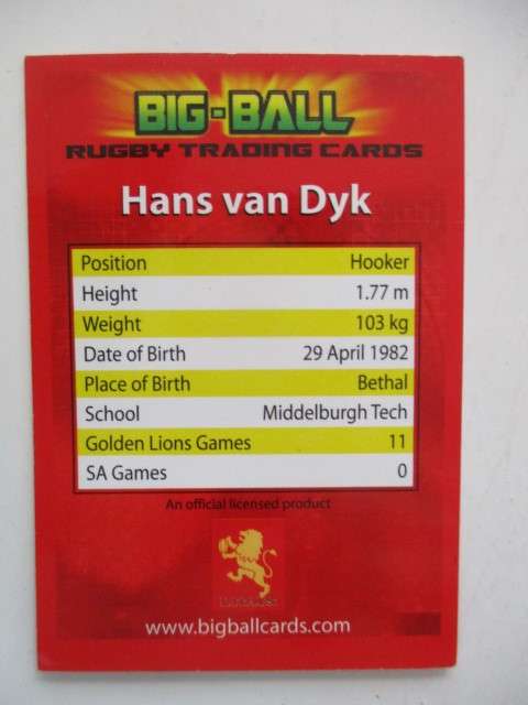 COBUS GROBBELAAR AND HANS VAN DYK -  RUGBY TRADING CARDS - CHEETAHS