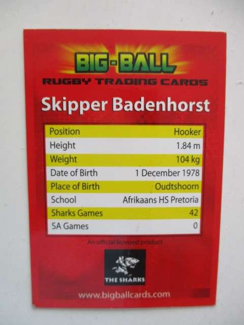 CHARL MCLEOD AND  SKIPPER BADENHORST  RUGBY TRADING CARDS -  SHARKS