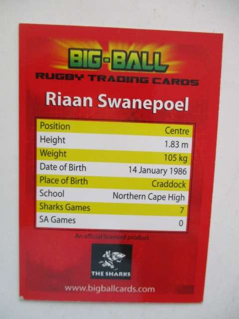 RIAAN SWANEPOEL AND JACQUES BOTES RUGBY TRADING CARDS - SHARKS