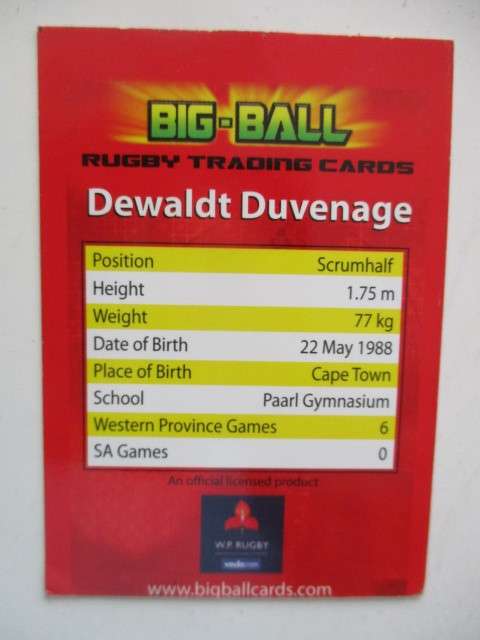DEWALDT DUVENAGE AND MORGAN NEWMAN RUGBY TRADING CARDS  - W.P.  RUGBY