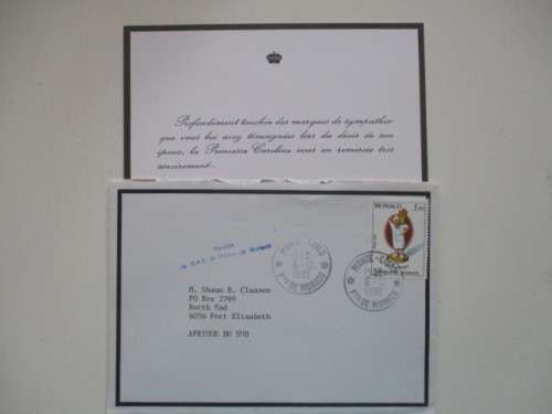 SYMPATHY CARD OF THE PASSING OF PRINCESS CAROLINE`S HUSBAND 1990 - WITH ENVELOPE