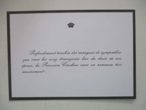 SYMPATHY CARD OF THE PASSING OF PRINCESS CAROLINE`S HUSBAND 1990 - WITH ENVELOPE