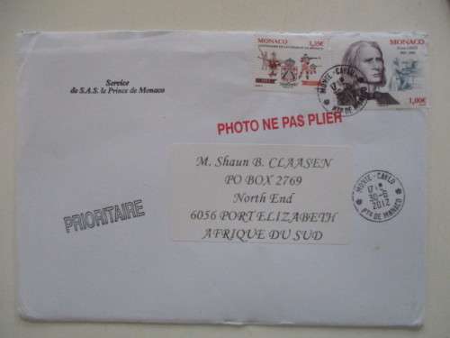 LOVELY WEDDING PHOTO OF PRINCE ALBERT AND PRINCESS CHARLENE - 2012 AND ENVELOPE