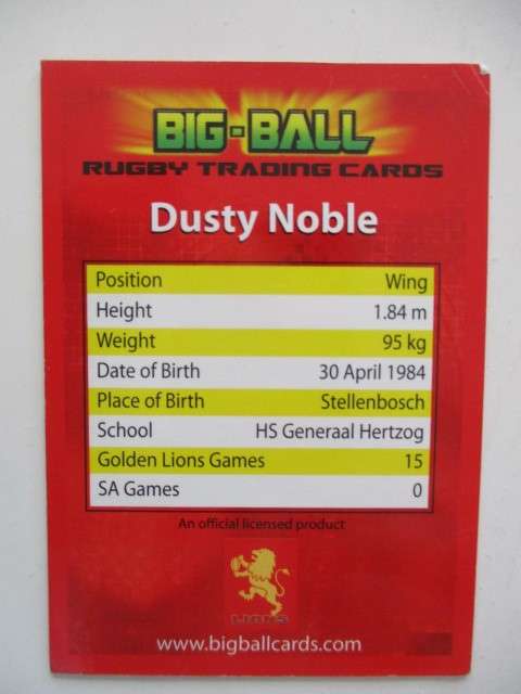 TWO LOVELYRUGBY TRADING CARDS - WICUS BLAAUW AND DUSTY NOBLE - W.P AND CHEETAHS