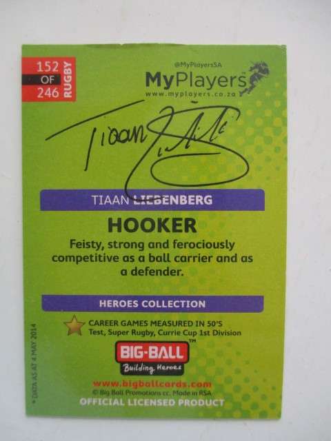 RUGBY TRADING CARD - TIAAN LIEBENBERG -  FOIL CARD - SIGNATURE SERIES