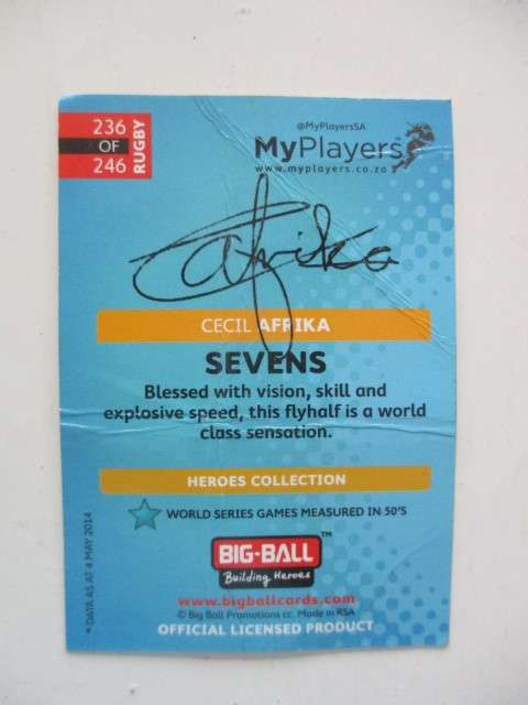 RUGBY TRADING CARD - CECIL AFRIKA - SIGNATURE SERIES CARD BIT CREASED